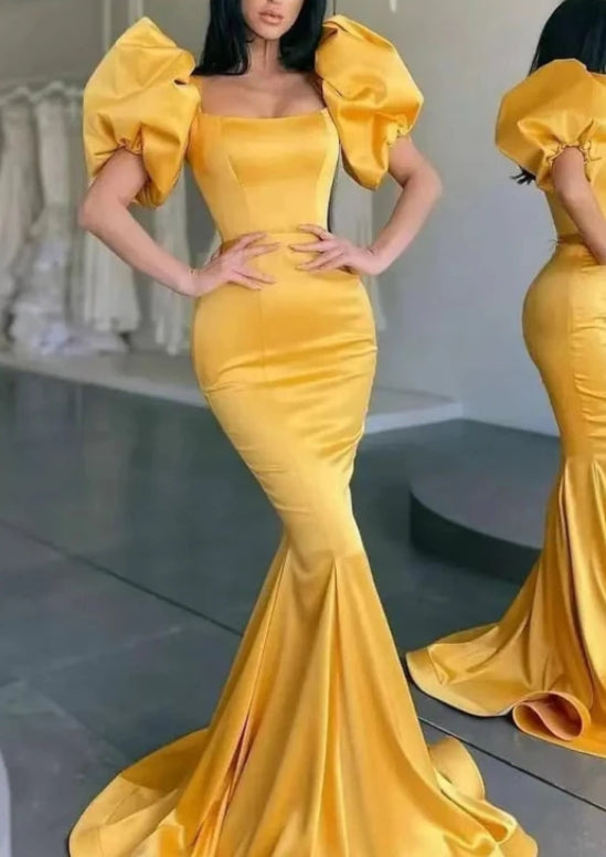 Yellow Square-Neck Bubble Sleeve Mermaid Long Prom Dress